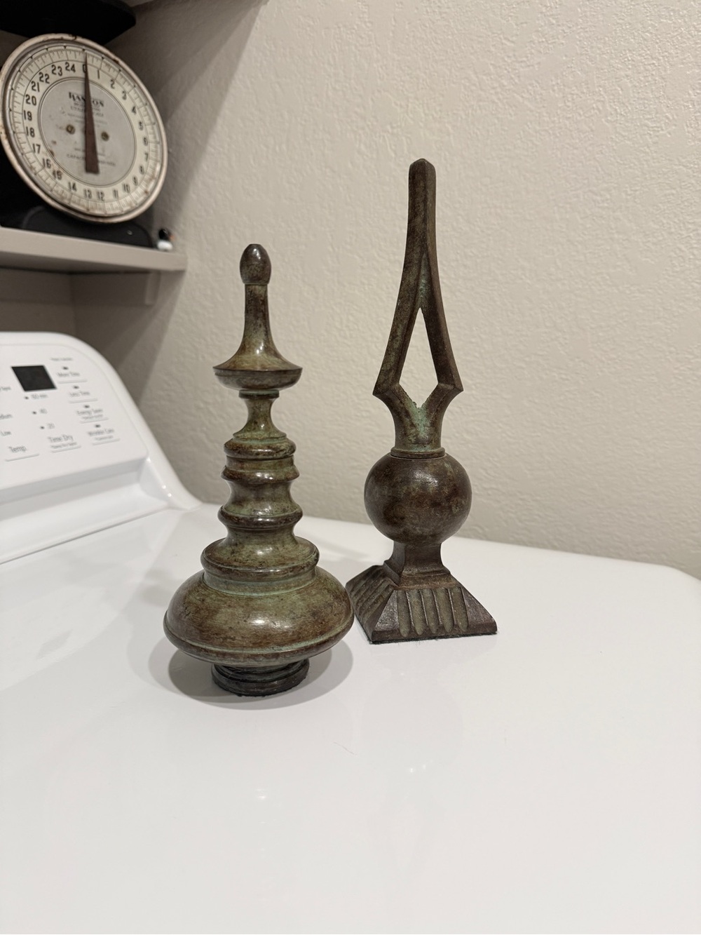 Vintage Bronze-Green Decorative Finial Pair Heavy Sculptural Mantel Accents - Picture 12 of 15